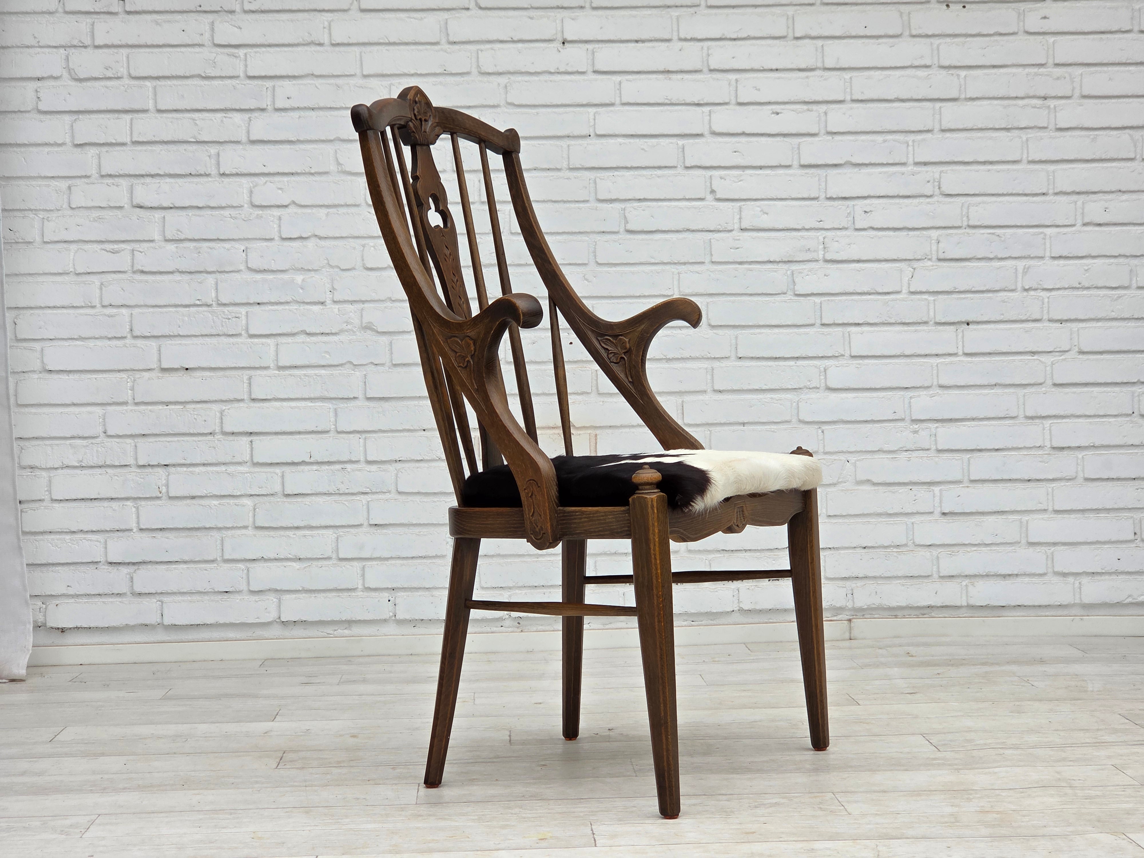 1960erne, Dansk højrygget armstol, reupholsteret, møbel koskind, massiv egtræ.