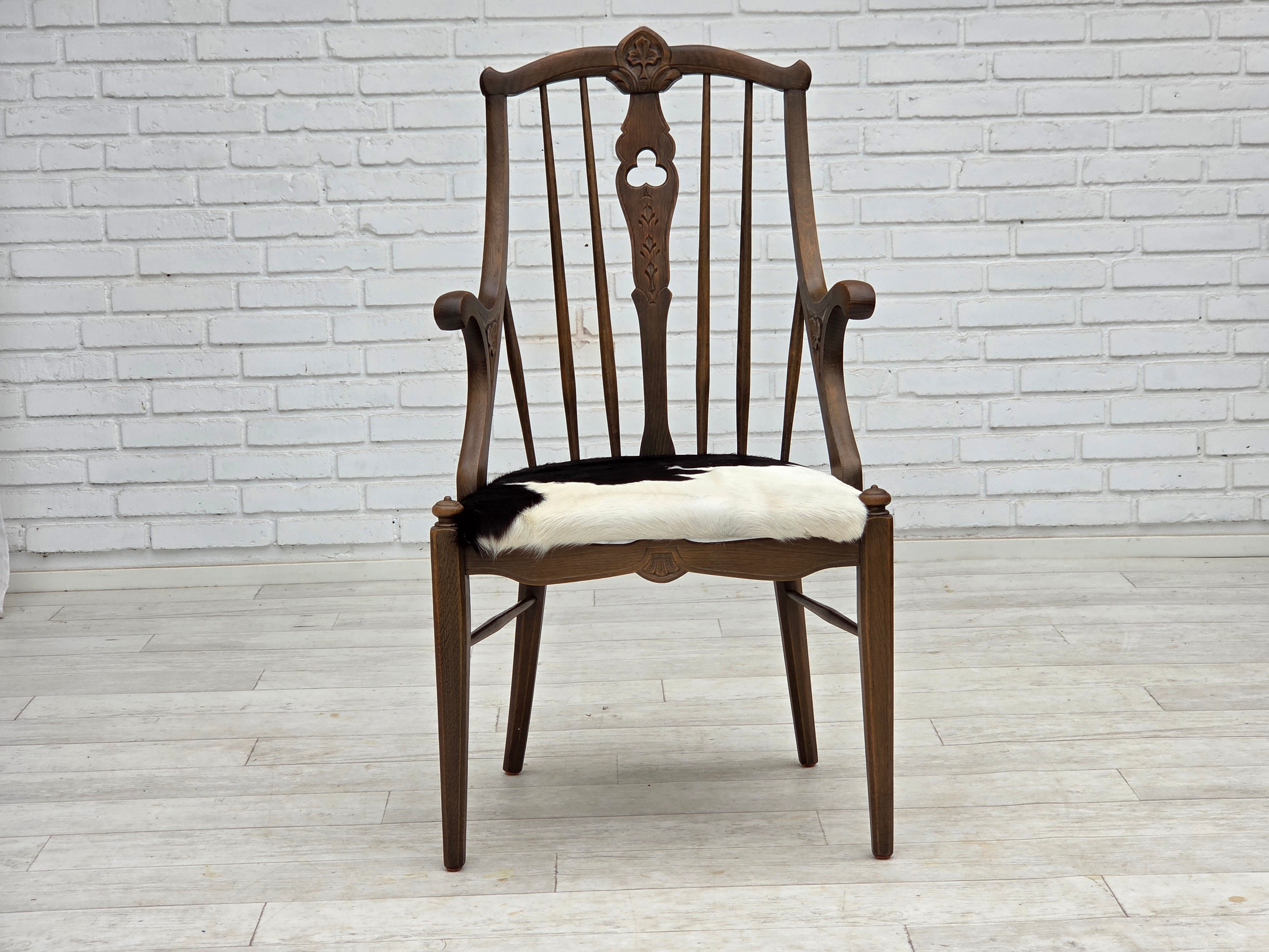 1960erne, Dansk højrygget armstol, reupholsteret, møbel koskind, massiv egtræ.