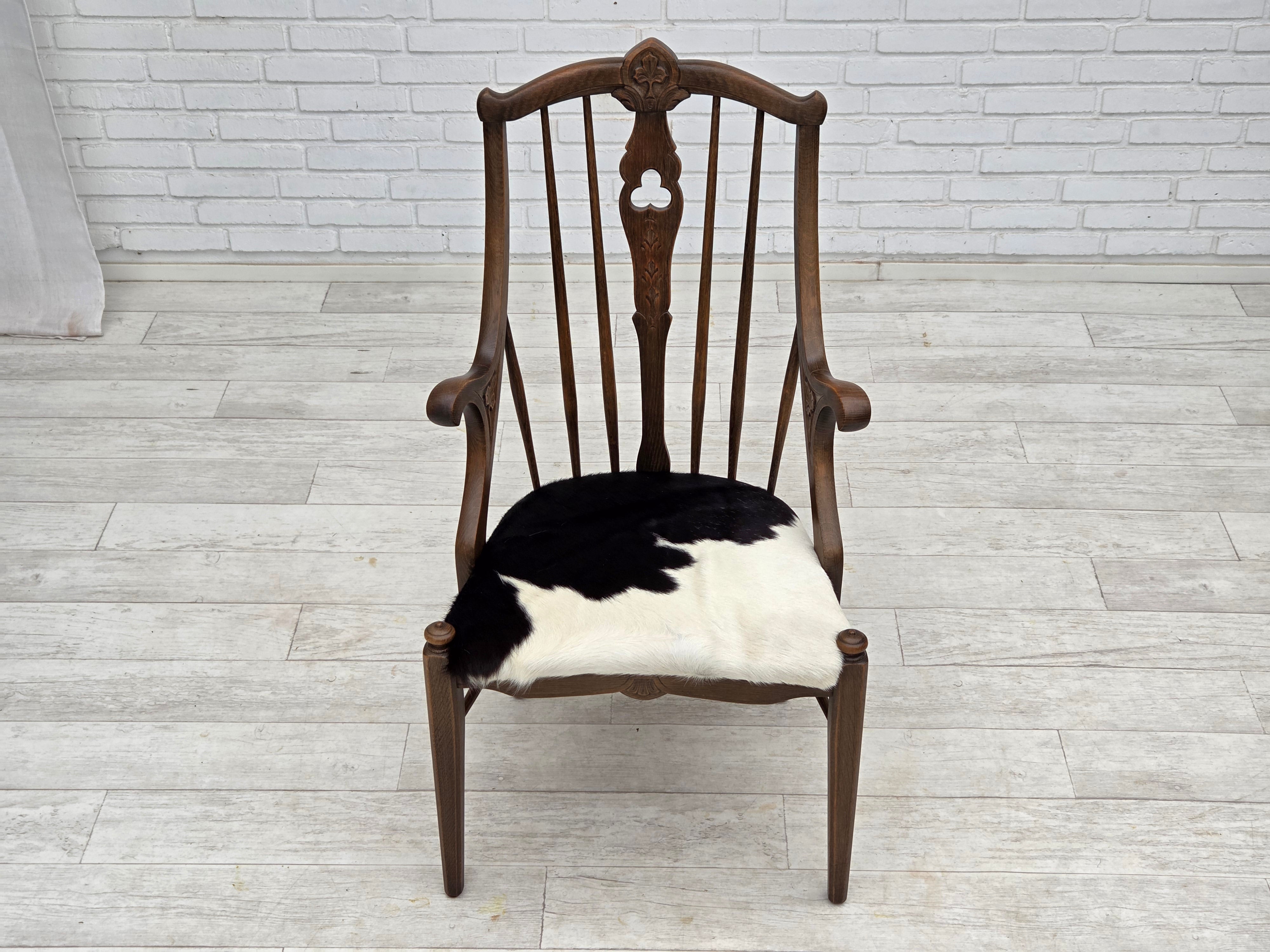1960erne, Dansk højrygget armstol, reupholsteret, møbel koskind, massiv egtræ.