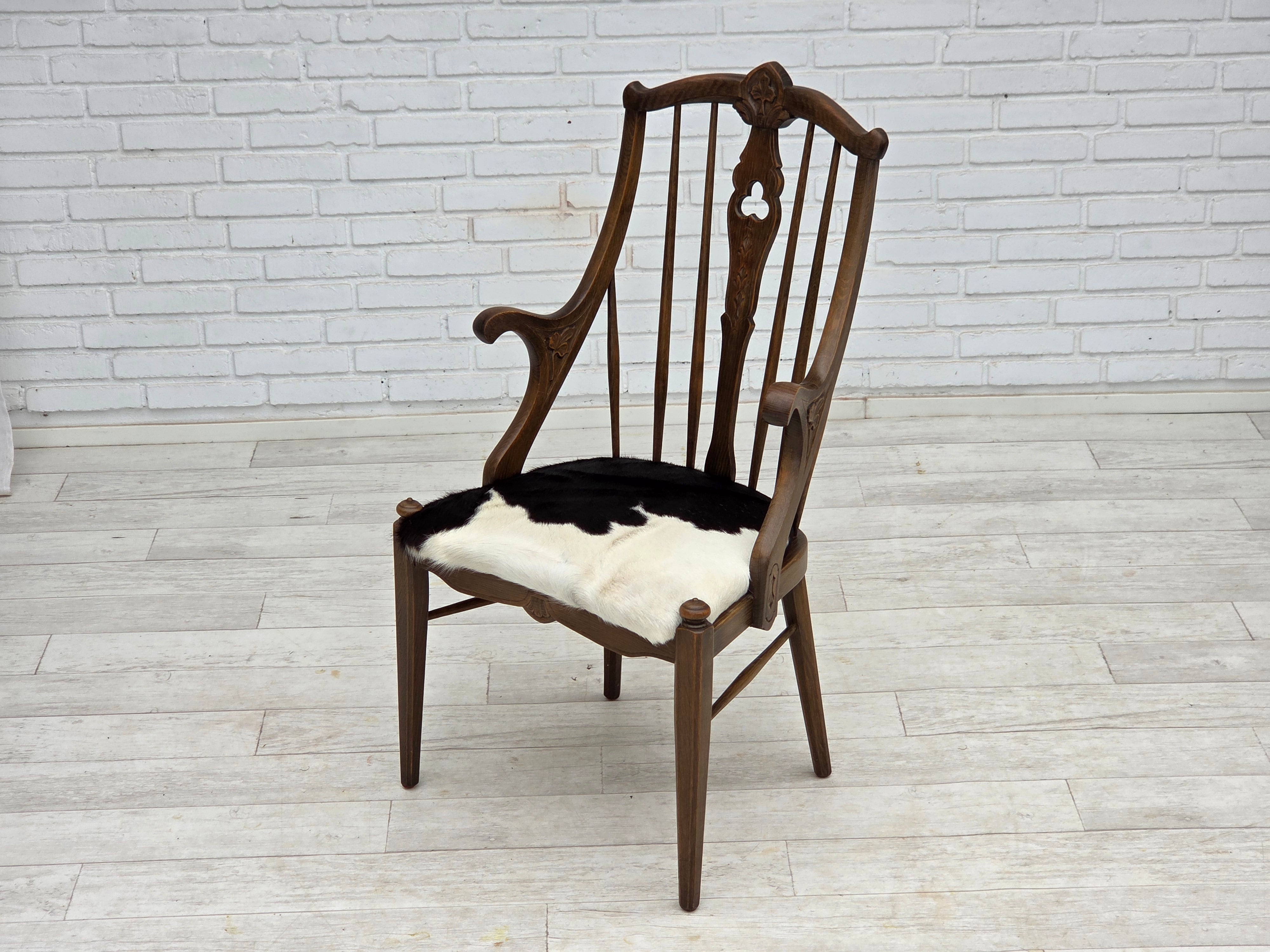 1960erne, Dansk højrygget armstol, reupholsteret, møbel koskind, massiv egtræ.