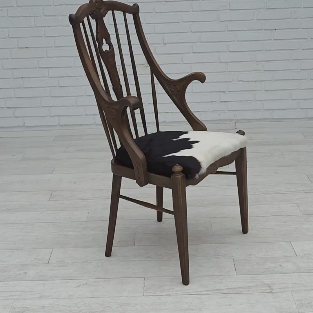 1960erne, Dansk højrygget armstol, reupholsteret, møbel koskind, massiv egtræ.