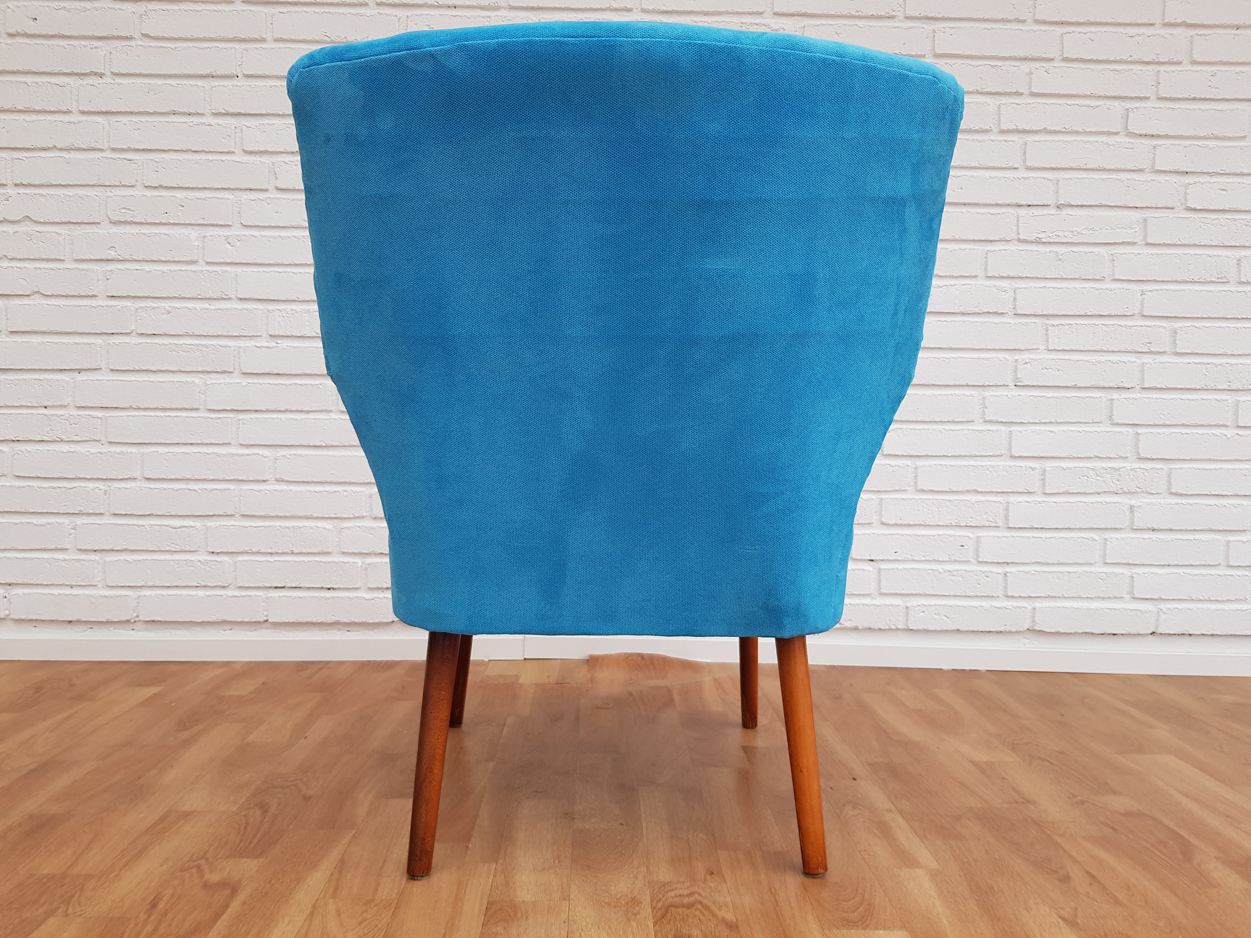 Vintage lænestol, 70'ere, blå stof, bøgtræ