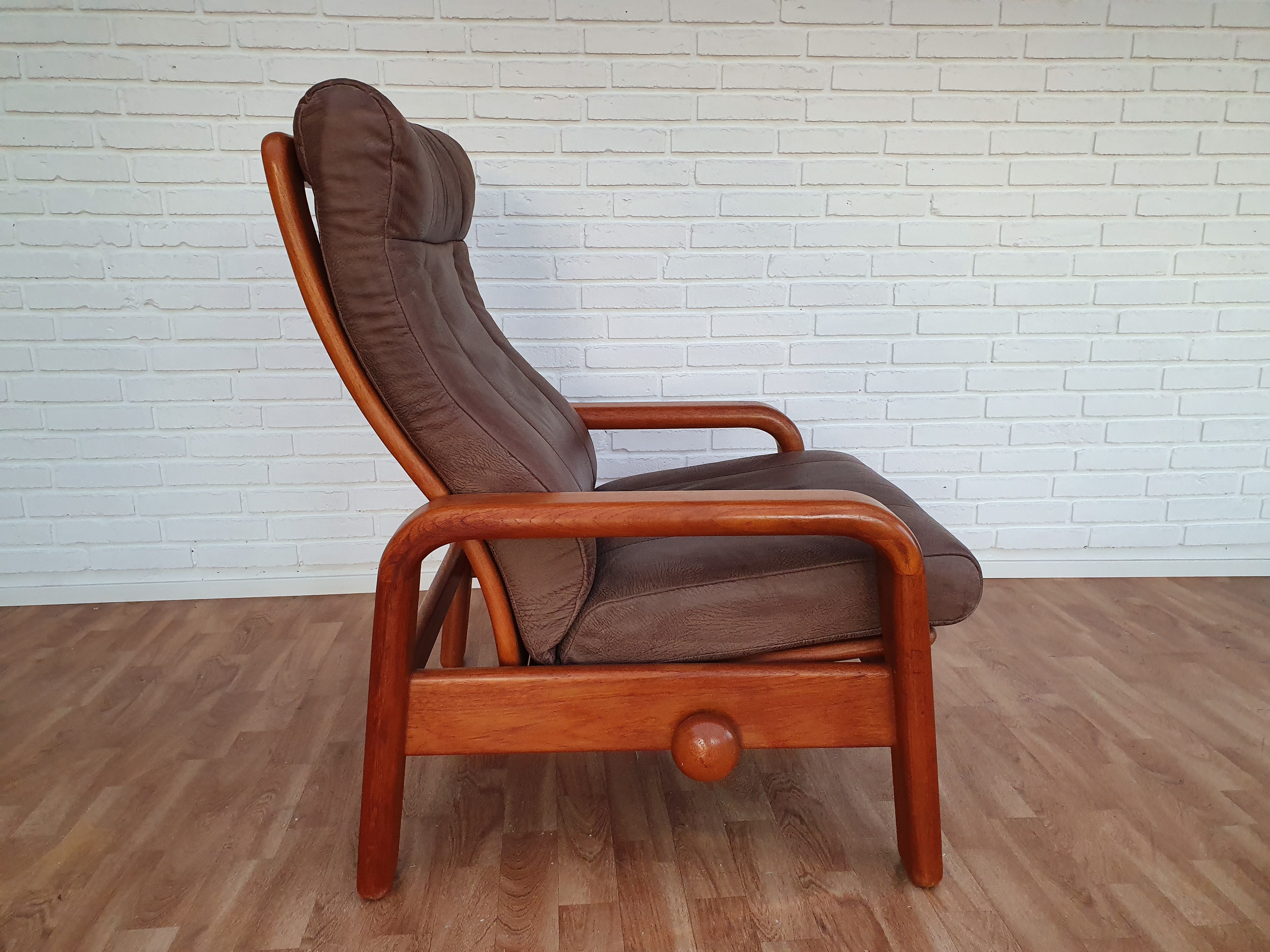 Dansk justerbar lænestol, HS Design, nubuck læder, massivt teaktræ, 80'ere
