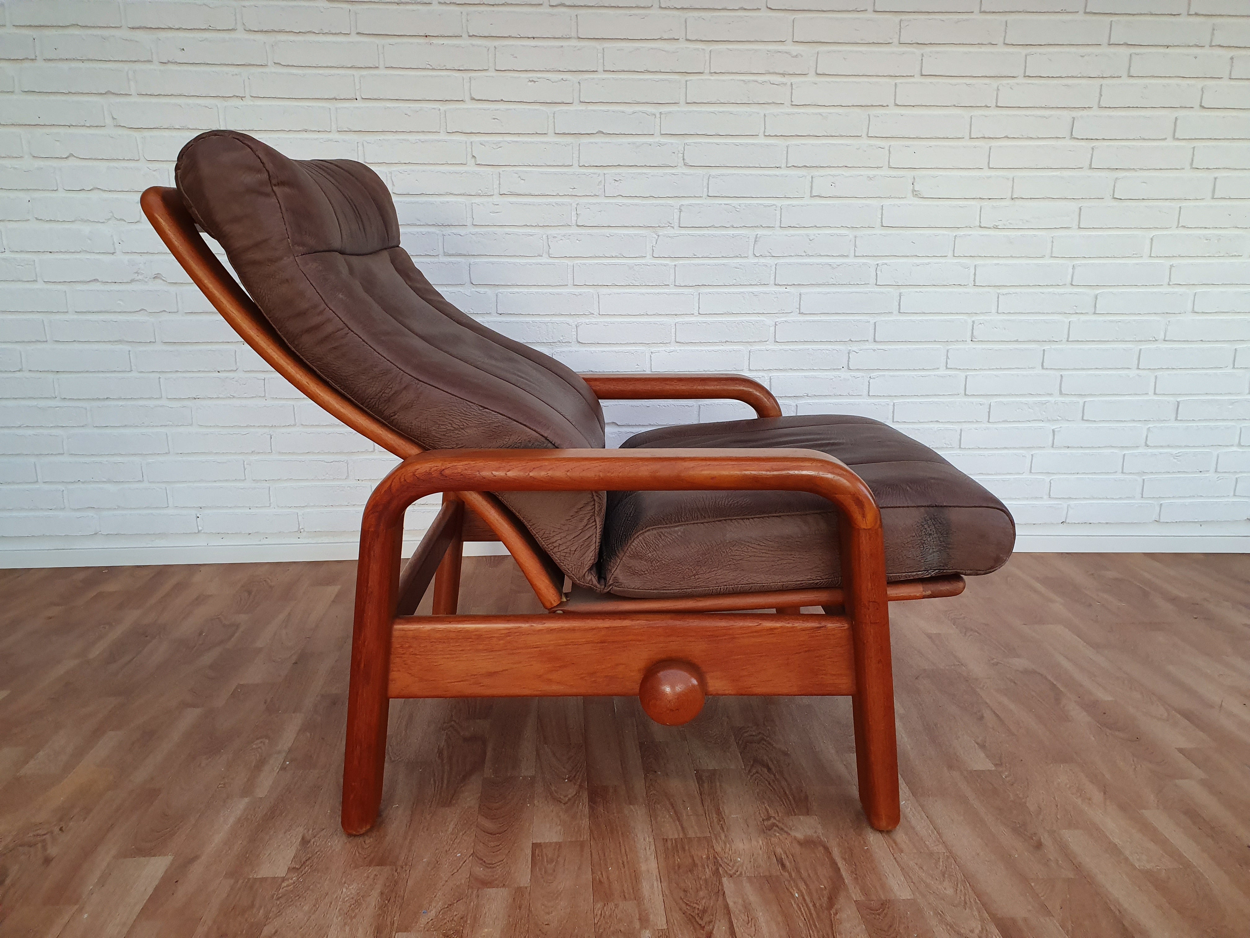 Dansk justerbar lænestol, HS Design, nubuck læder, massivt teaktræ, 80'ere