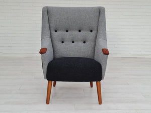 Open image in slideshow, 70s, Danish design armchair with buttons, totally refurbished, quality furniture wool, teak wood