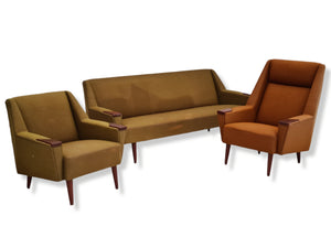 Imagen abierta en presentación de diapositivas, años 70, juego de sofás danés, sofá de 3 plazas, dos sillones, teca, para reformar